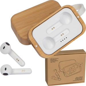 Bluetooth fülhallgató bambusz dobozban